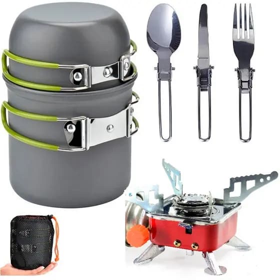 Kit Cozinha Portátil para Camping - Mini Fogareiro M3 + Conjunto Panela Camping 2 Peças + Talheres