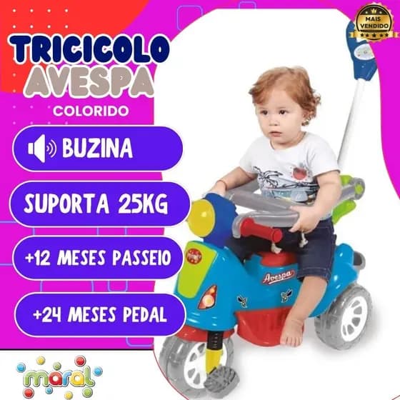 Carrinho de Passeio Infantil Triciclo Avespa - Colorido Menina Menino haste de empurrar