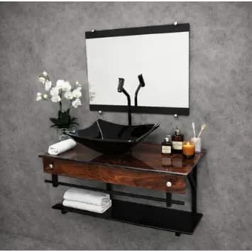 Gabinete de Vidro 50cm APX Cuba Quadrada Madeira Nogueira Completo