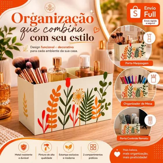 Porta Controle Remoto Flores - Organizador de Mesa Multifuncional Bonito 4 Controles Feito em Aço