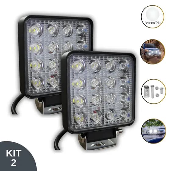 Kit 2 Farol de Milha Auxiliar 48W 12V Quadrado 16 LEDS Branco Frio Picape Off-Road IP66 4X4 Caminhão