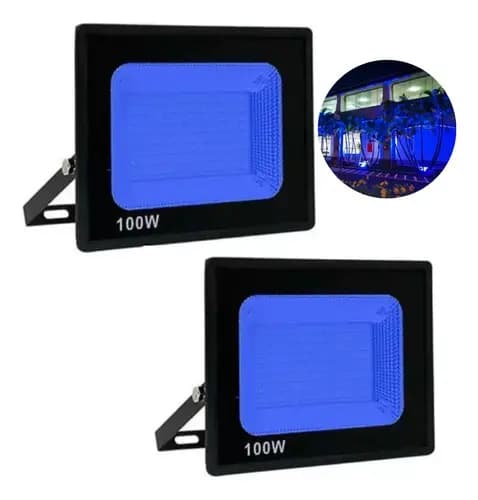 Kit 2 Refletor Led 100w Luz Azul Ip66 Bivolt Prova Dágua
