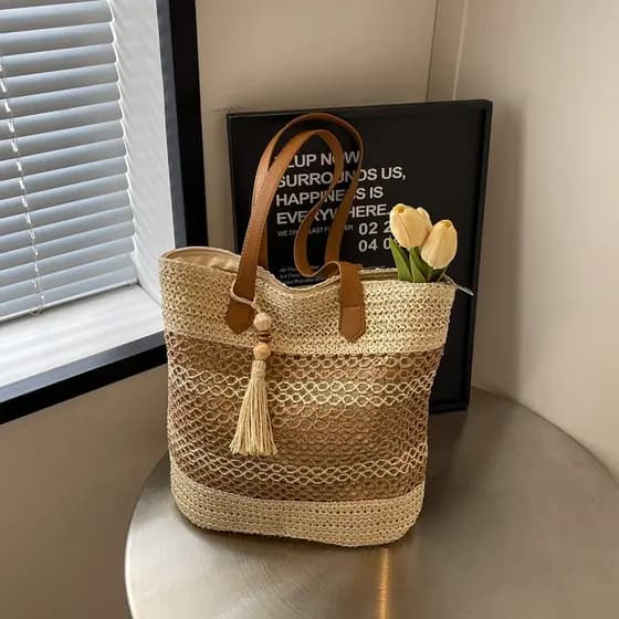 Bolsa de praia feminina para férias, bolsa de tecido oco, bolsa de ombro de grande capacidade
