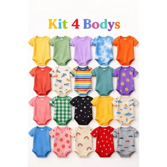 Kit 4 Bodys Bebê Menina/Menino e Unissex - 100% Algodão RN a 9 Meses – Roupa Recém Nascido Maternidade Enxoval Bebê
