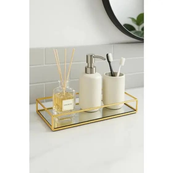 Bandeja Metal Com Espelho Decorativa Lavabo Banheiro Dourado