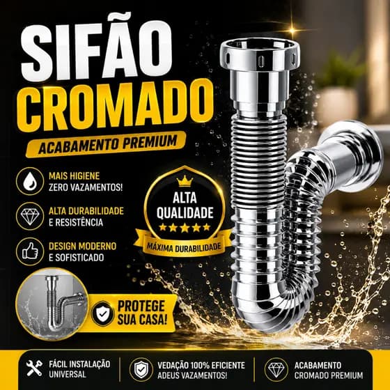 Sifão Cromado Flexível Universal Premium Para Lavatório Pia Banheiro e Cozinha