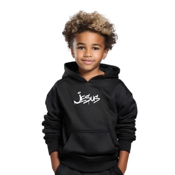 Moletom Infantil Estampado Jesus Peluciado Blusa Com Capuz Canguru