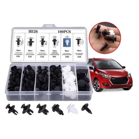 Kit 100 Grampo Presilha Automotiva Prendedor Hibrido De Clipes De Fixação De Peças Pino Parachoque Carro Universal