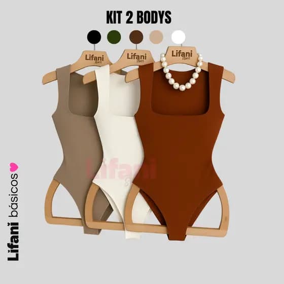 Kit 2 Body Feminino Decote Quadrado com Forro Alças Grossas Básico Casual Elegante