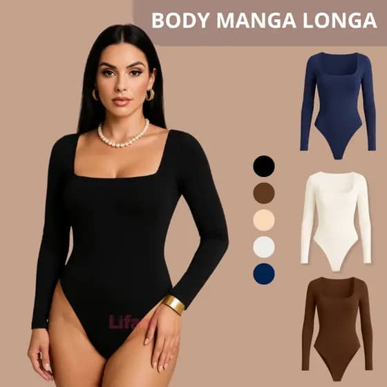 Body Manga Longa Feminino Decote Quadrado com Forro Duplo Casual Elegante Suplex Premium Tendencia