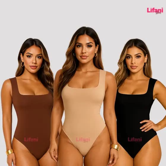Body Feminino Decote Quadrado Kit 3 Suplex Alça Larga Elegante Básico Sem Manga Bori Ajusta ao Corpo