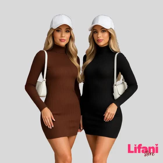 Kit 2 Vestido Feminino Gola Alta Canelado Manga Longa Básico Moda Gringa