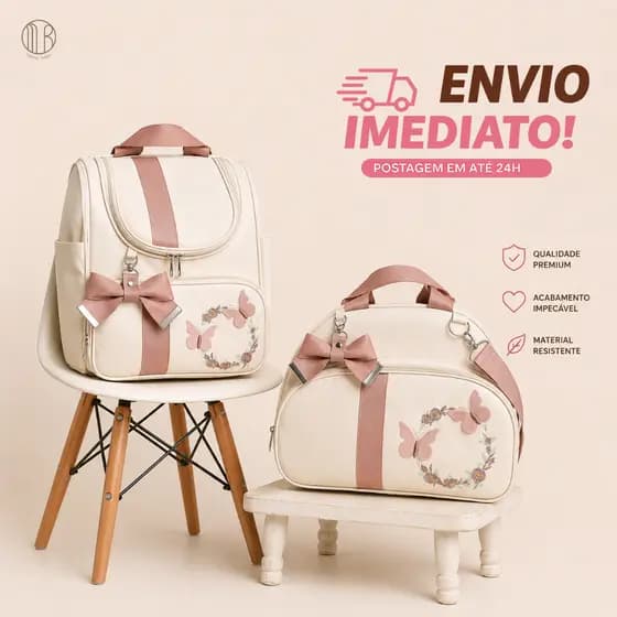 Kit 2 Peças Mochila e Bolsa G com Bordado Borboletas Térmica e Impermeável
