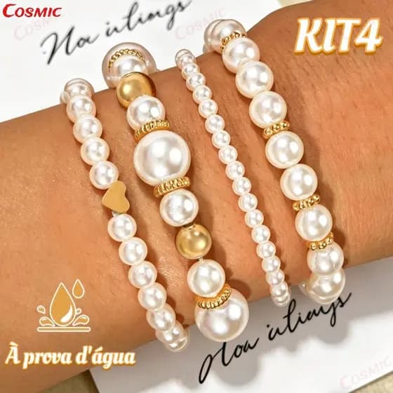 Kit de Pulseiras de Pérola Aprova d'Água - Conjunto com Detalhes Dourados, Pulseiras Femininas