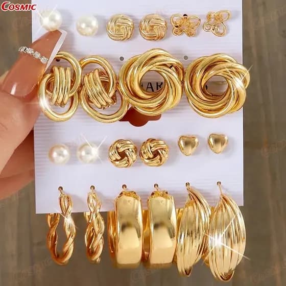 KIT12 Conjunto Elegante Brinco Com Argola De Ouro Brincos De Pérola Para Mulheres Joias Acessórios-CO