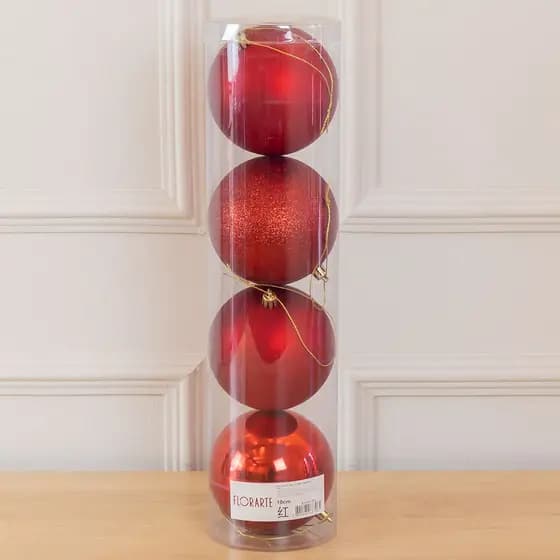 Bola de Natal Misto Tubo C/4 Und Vermelho C/ Glitter, Fosco e Brilhante 10cm (Florarte)