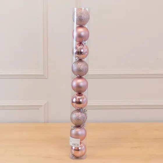 Bola de Natal Misto Tubo C/9 Und Rosa Claro C/ Glitter, Fosco e Brilhante 6cm (Florarte)
