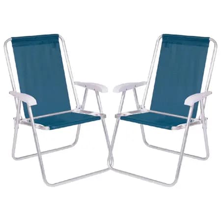 Kit 2 Cadeira Praia Braço de Plástico Alumínio Azul Portátil Dobrável Mor