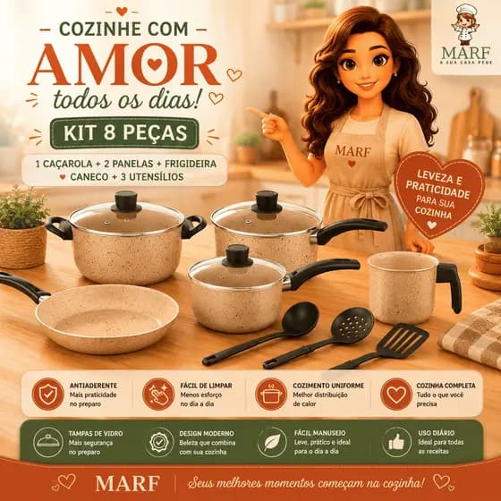 Conjunto MARF de Panelas Cor Marfim Antiaderente 8 Peças Teflon Premium – Alta Qualidade