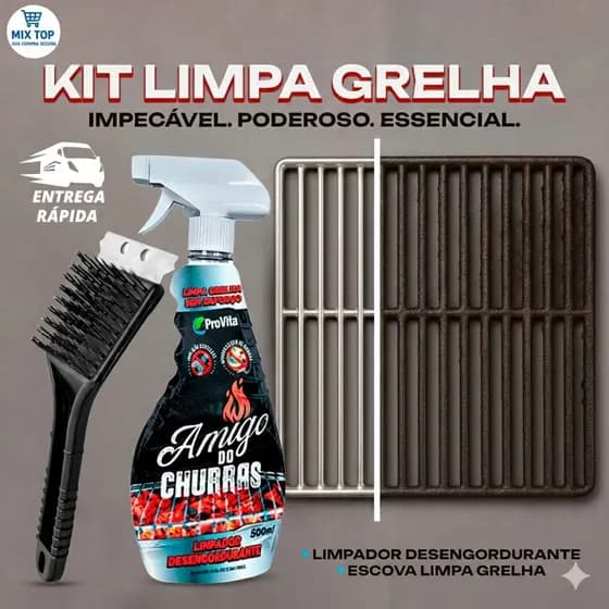 Kit Limpa Grelha Amigo do Churras 500ml + Escova de Aço Remove Gordura Incrustada