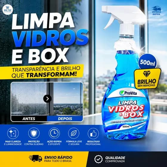 Limpa Vidros e Box Profissional ProVita: Brilho Sem Manchas, Ação Desengordurante e Entrega Super Rápida