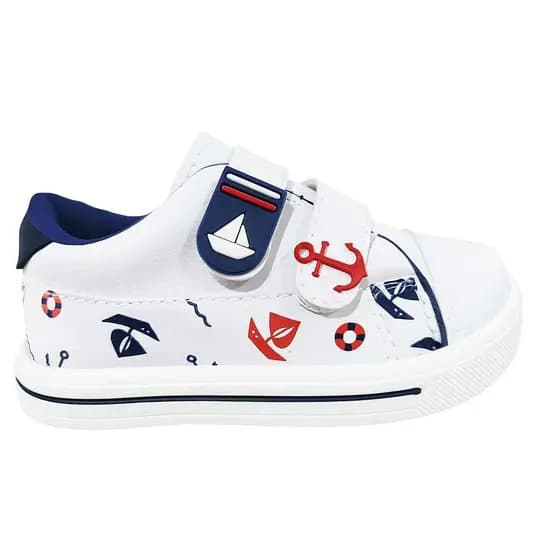 Tênis Infantil Menino Velcro Confortável Marinheiro Branco Barco Âncora Casual Antiderrapante