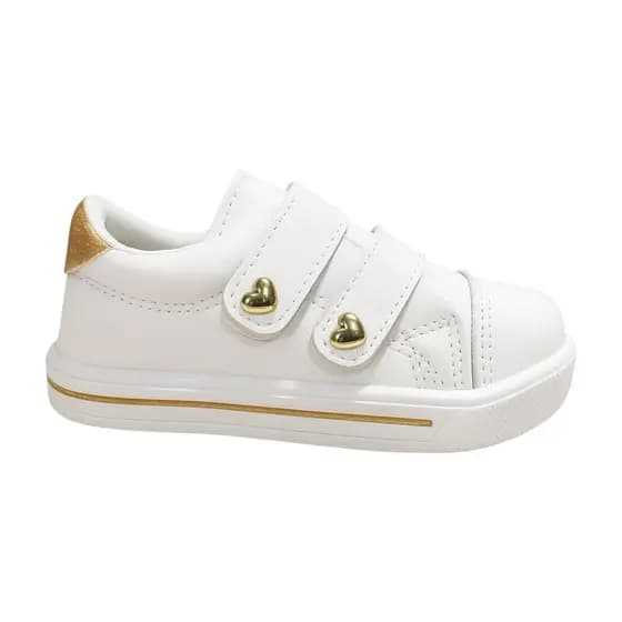 Tênis Infantil Feminino Tralala Calçados Velcro Branco Dourado Confortável Fácil Calçar