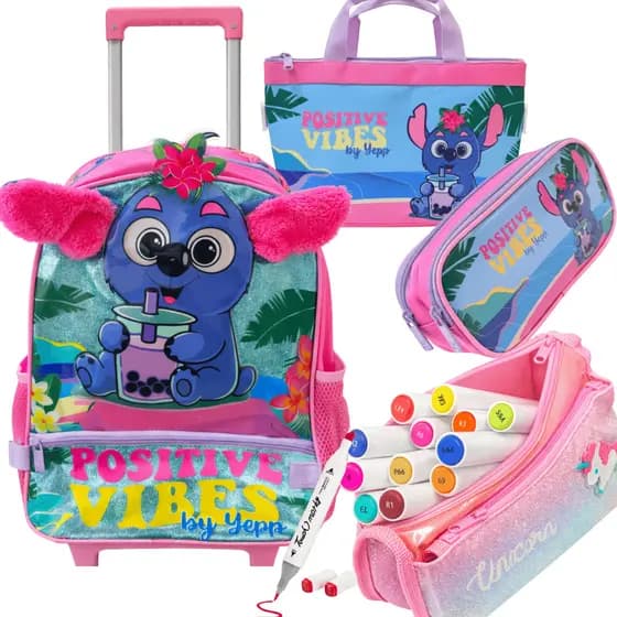 Kit Mochila Infantil com Rodinhas Estojo e Lancheira Térmica Coala Com Glitter