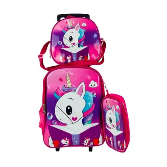 KIT MOCHILA INFANTIL COM RODINHAS MENINAS UNICORNIO ESCOLAR ESTOJO LANCHEIRA TÉRMICA BOLSA CARRINHO IMPERMEAVEL ROSA