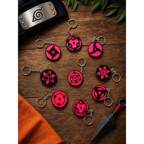 Kit com 9 Chaveiros Sharingan, Mangekyo Sharingan e Rinnegan Todos os Modelos Presente Geek