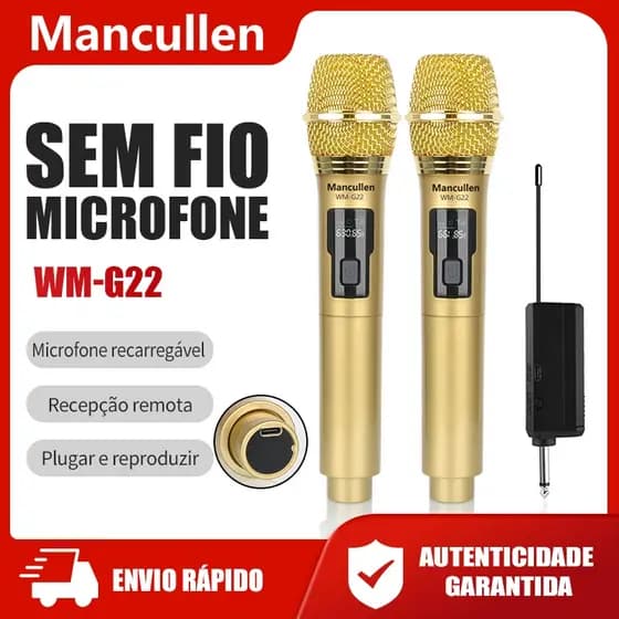 Mancullen Microfone sem fio WM-G22 UHF com bateria de lítio recarregável