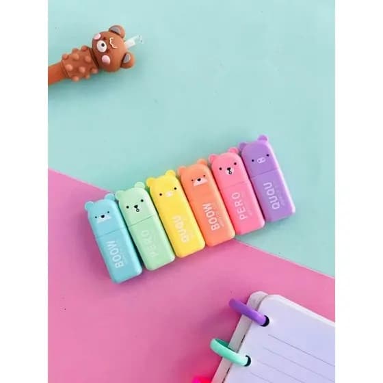 kit 5 mini marca texto escolar ursinho fofo com estojo plástico fluorescente kawaii