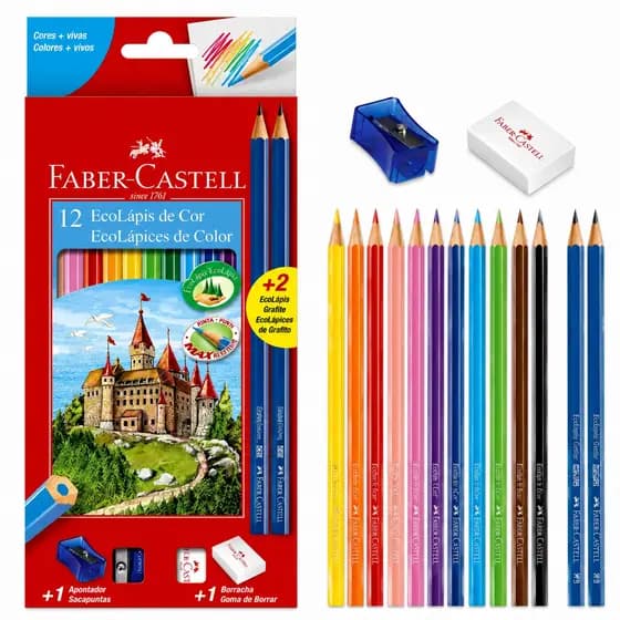Lápis de Cor Faber Castell Kit Escolar 12 Cores Original Borracha Apontador