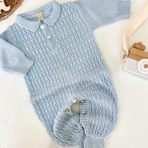 Macacão bebê liso Roupa Tricot Saída Maternidade Azul Claro Moda Infantil Menino Menina Polo
