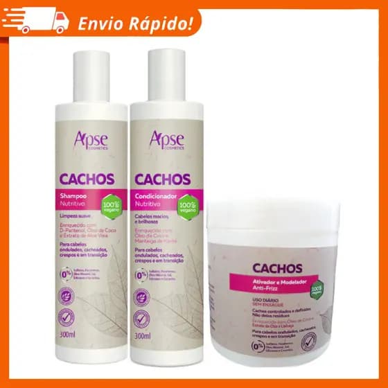 Kit Apse 3 itens Shampoo, Condicionador e Ativador Modelador Creme de Pentear CACHOS - Apice
