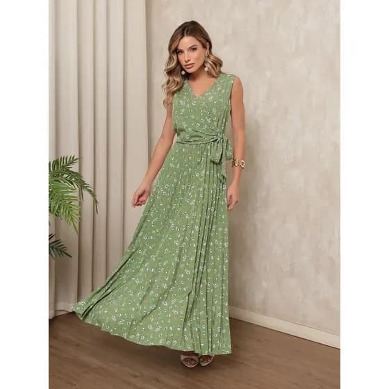 Vestido Longo Feminino Estampado com Cintura Marcada e Caimento Solto – Moda Elegante para Verão