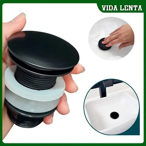 Válvula Click para Pia em ABS com Tampa Inox | Ralo com Botão Pressão para Cubas de Porcelana, Vidro e Lavatório