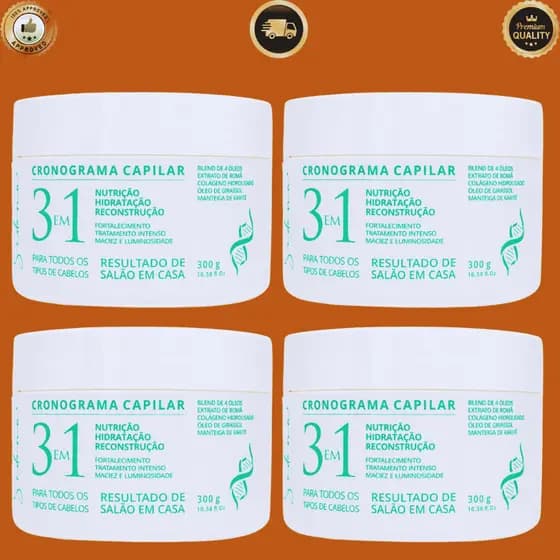 KIT 4 Máscara Cronograma PROFISSIONAL Capilar 3 e 1 300g Hidratação Nutrição tratamento Pós tratamento