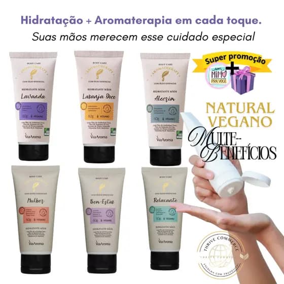 CREME HIDRATANTE PARA MÃOS, NATURAL, VEGANO, COM ÓLEOS ESSENCIAIS - VIA AROMA - MULTI-BENEFICIOS 60g