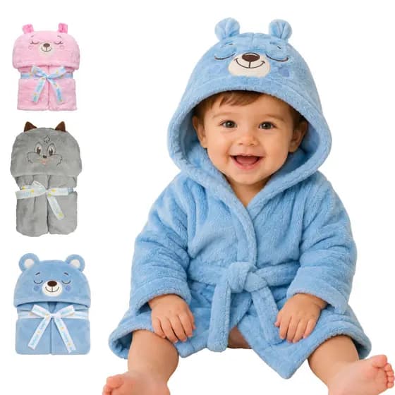 Roupão Bebê Microfibra Com Capuz Bichinho Pós Banho Praia Infantil 6 a 36 Meses Super Macio