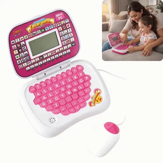 Notebook Infantil Educativo 2 em 1 Bilíngue Português Inglês Com Jogos Luz Som Teclado Mouse