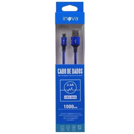 Cabo de Dados Micro USB V8 Android Inova 1 Metro Azul CBO-5826 Carregamento e Sincronização