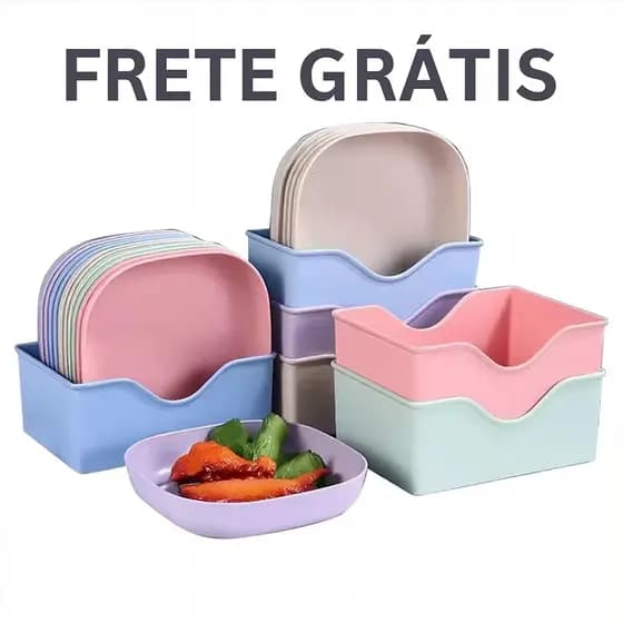 Kit 10 Pratos Plástico Sobremesa Quadrado Reutilizavel Fundo + Suporte organizador AFL