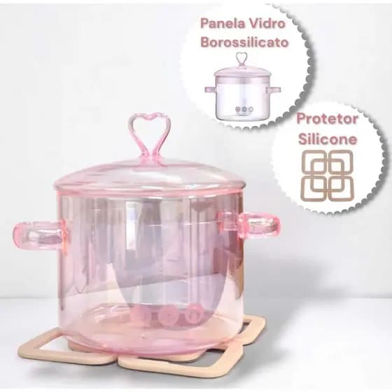 Panela de Vidro Rosa Tampa 1.5L Vidro Borissolicato Culinária e Protetor Silicone