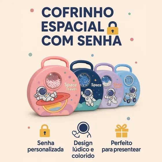 Cofrinho Infantil com Senha Espacial Astronauta, Cofre Educativo com Alça, Cofre de Senha para Crianças
