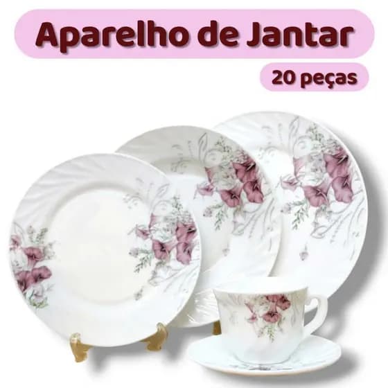 Aparelho de Jantar e Chá Estampado Opaline C/ 20 Peças - Floral Lilas Embalado em Caixa