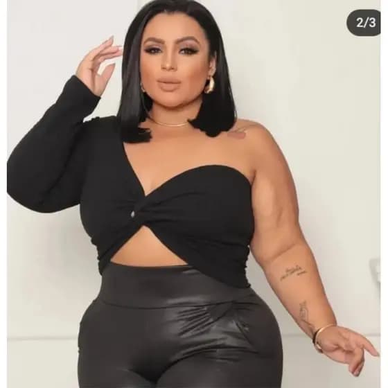 Blusa Cropped Feminino lisa um ombro só manga longa Plus Size Tecido Bubble