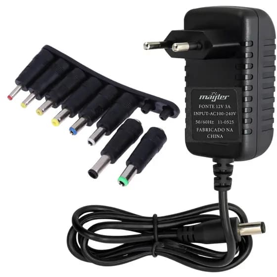 Fonte 12V 3A Bivolt com Kit 8 Pontas Adaptadoras P4 5.5mm – Para Câmeras, LEDs, Roteadores e Mais