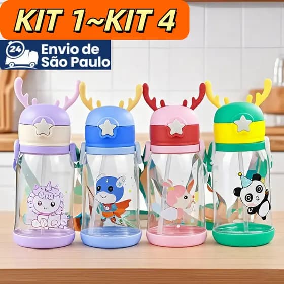 Garrafa De Alce Água Infantil Criança 600ML Portátil Com Canudo Para Meninas ou Meninos