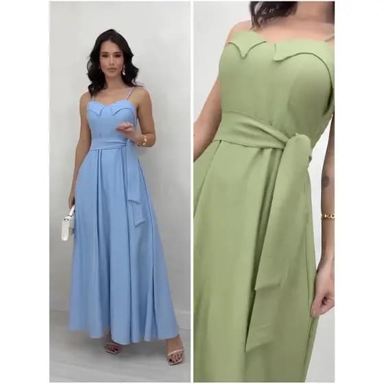 vestido longo duna linho com bojo, bolso e cinto| moda feminina elegante para festa e casamento